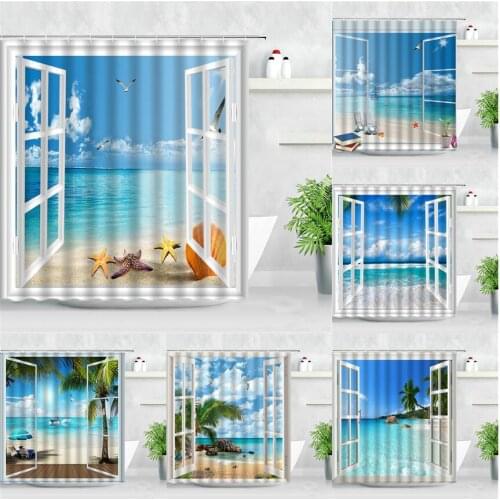 Tropical Landscape Shower Curtain 3D Open Window Ocean Beach Starfish Shell Palm Tree Scenery Waterproof Bathroom Decor Curtains