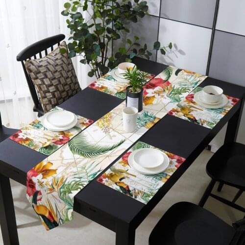 Toucan Flower Fruit Tropical Plants Pineapple Map Table Runner and Placemat Set Tablecloth for Home Party Wedding Decoration