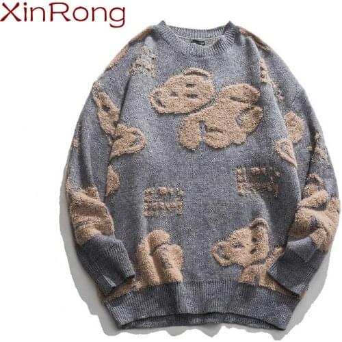 Spring casual loose knit sweater Japanese fresh and versatile printing male sweater cartoon bear embroidery round neck fashion