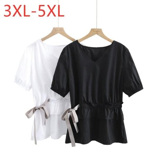 New 2021 Ladies Summer Plus Size Tops For Women Large Blouse Short Sleeve Loose Black White Ruffle Bow V-neck Shirt 3XL 4XL 5XL