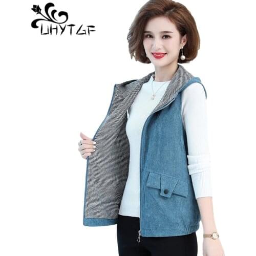 UHYTGF Hooded 5XL Plus Size Vests For Women Corduroy Sleeveless Spring Autumn Waistcoat Solid Wild Casual Mom Short Jacket 1245