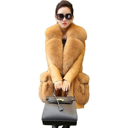 Winter Women Pu Leather Long Coats Thick Warm Big Fox Fur Collar Leather Jackets Ladies Windbreaker Outwear Plus Size S-7XL 2291