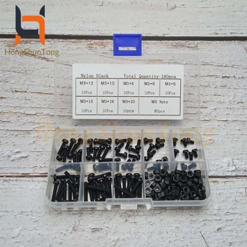 160PCS/Set Metric M3 8 Sizes Assortment Stand-off Nylon Screws Bolt Nuts Fastener Black Plastic Nylon Screw Nut Set