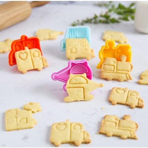 4Pcs/Set Fondant Embosser Biscuit Mould 3D Cars/Trains/Planes Shape Cartoon Cookie cake mold DIY Baking Claying Plunger