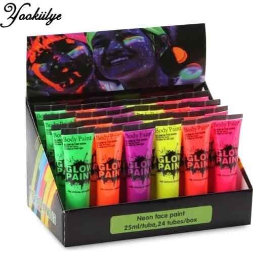 6 Colors Neon Fluorescent UV Body Paint 24pcs/Set Face Painting Luminous Acrylic Paints Art for Party Halloween Make Up