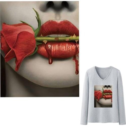 Rose Lips Applique Transfers Girl Dresses Hot Tear Heat Press Hoodie Tops Transfer Paper Diy Iron-On Clothes