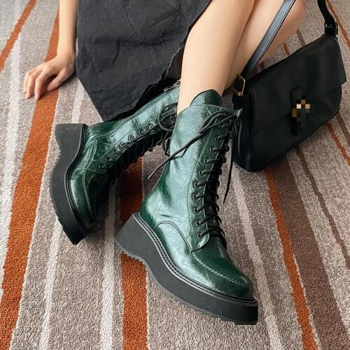 Thick Soled Martin Boots For Women Shoes Autumn Winter 2021 Lace-up Flat Platform Height Increasing Motorcycle Boots Short Boots