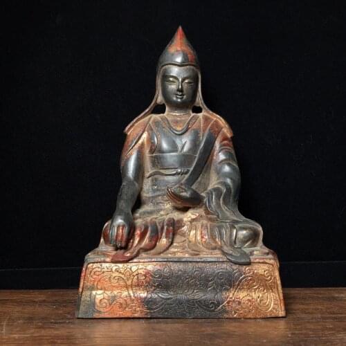 9"Tibet Buddhism Temple Old Bronze Cinnabars Tsongkhapa Statue Sitting buddha Tibetan trumpet Enshrine the Buddha