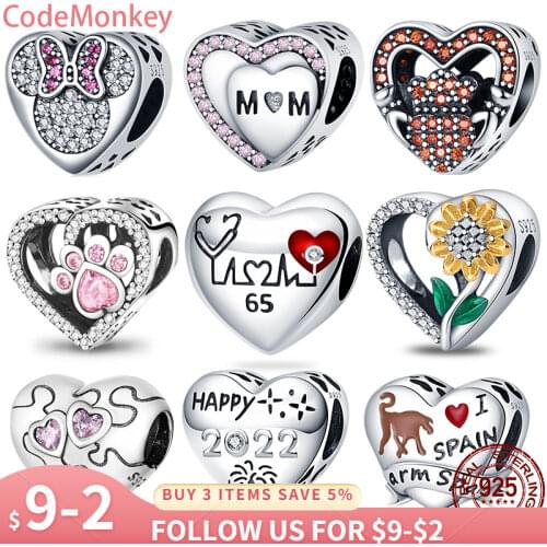 CodeMonkey 100% Real 925 Strerling Silver Heart Beads Fit Original 3mm Bracelet Love Heart Charms Beads DIY Jewelry Making