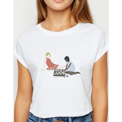 White Top Play Chess Motion Tshirt Oversize Spring Summer T shirt Women Avant-garde Show Thin vestidos Round Collar T-shirts