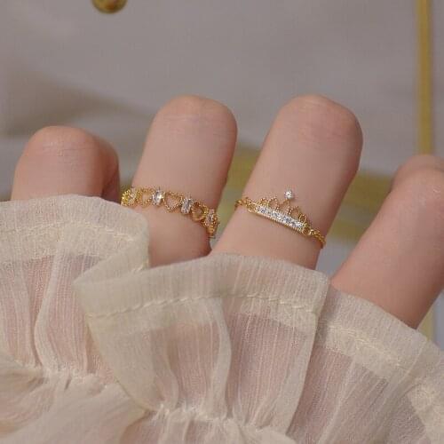 Delicate Jewelry 14K Gold Plated Adjustable Pierced Heart Crystal Rings for Women Simple Style Cubic Zircon Crown Rings