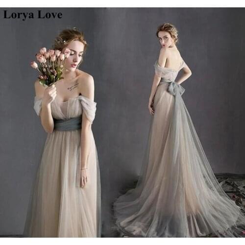 Off Shoulder Tulle Maxi Prom Dresses 2020 Champagne Gray Women Elegant Party Sexy Backless Long Vestidos Plus Size Evening Dress