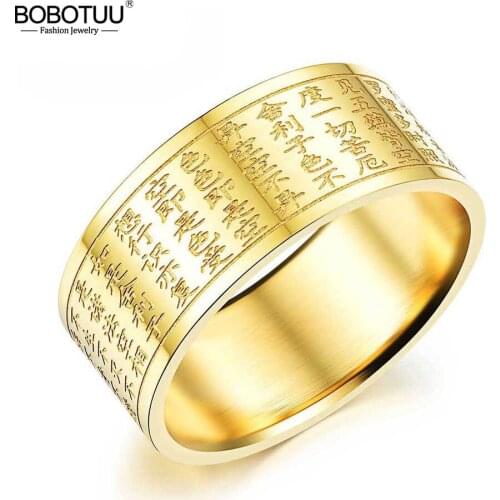 BOBOTUU Trendy Stainless Steel Gold Color Ring For Men Personality Sutra Buddhism Jewelry Luck Blessing Ring For Friend BR18002