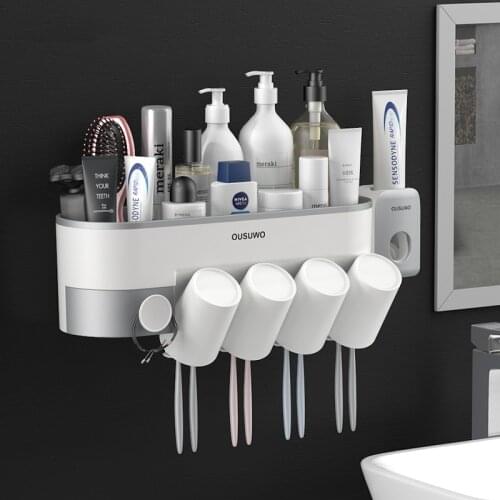 Bathroom Accessories Sets Magnetic Toothbrush Holder With Cup Toothpaste Dispenser Toiletries Storage Rack Toothpaste Squeezer