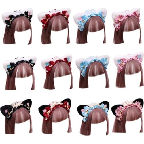 Anime Lolita Cosplay Animal Headband Cute Plush Cat Ears Ruffled Lace Ribbon Bowknot Bell Hair Hoop Masquerade Headpiece
