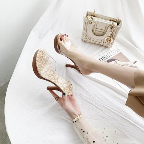 Transparent high-heeled sandals 2020 summer European and American new style thick-soled sandals sexy beach sandals and slippers