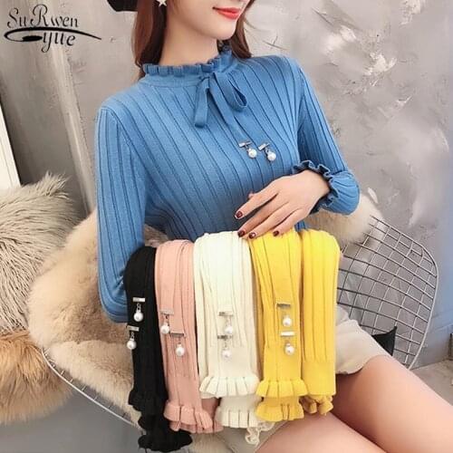 Womans Pullover Sweaters Ruffled O-neck Long Sleeve Korean Solid Colors Slim Bottom Shirts Winter Clothes Women OL Style 10367