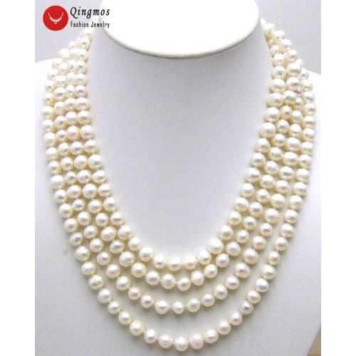 Qingmos Natural pearl Necklace for Women with 6-7mm White High Luser FreshWater Trendy Long 80" Pearl necklace-nec1074