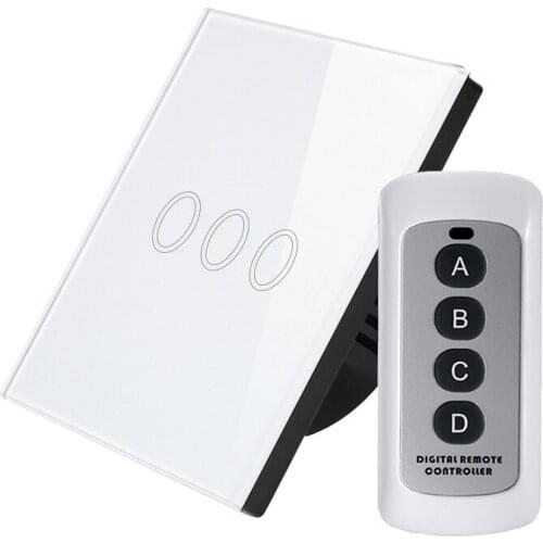 SESOO EU Standard , Remote Control Switch,3 Gang 1 Way,wall Touch Switch,White Crystal Glass+LED Blue Indicator for LED Lighting