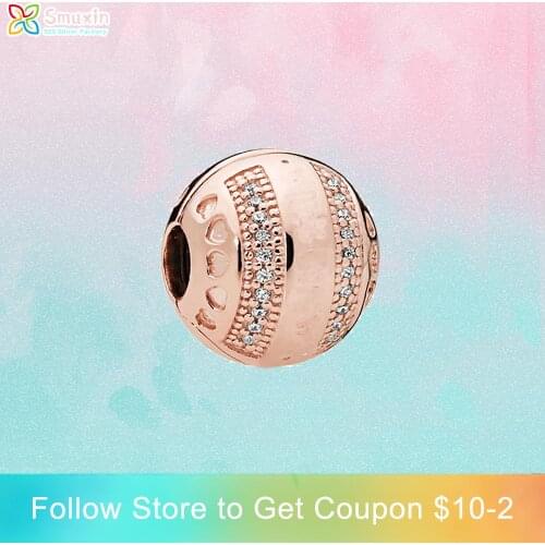 Smuxin 925 Sterling Silver Beads Pink Round Clip Charms fit Original Pandora Bracelets Women Jewelry Making Girl Birthday Gift