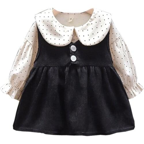 Spring Peter Pan Collar Girl Dress Set Polka Dot Long Sleeves Tops+ Corduroy Dress Autumn Cute Newborn Toddlers Princess Dress