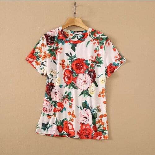 Europe and the United States womens clothing New Summer 2021 Short sleeved flower print fashion Nail bead T-shirt