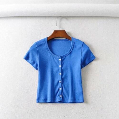 Summer new street fashion round neck knitted short-sleeved T-shirt women, solid color thin short-breasted T-shirt women