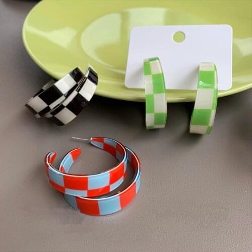 S925 Retro Personality Simple Geometric Sweet Cool Candy Color Checkerboard C-shaped Acrylic Hoop Earrings for Women Gifts