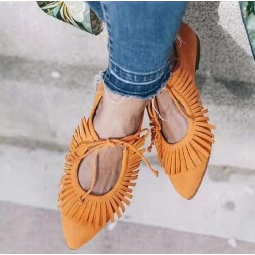 Shoes for Women 2021 New Fashion Fringed Flat Bottom Pointed Shallow Mouth Lace-up Large Size Womens Shoes Womens Sneakers