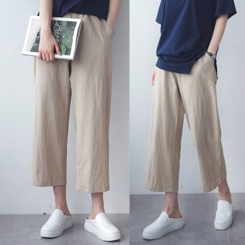 Womens Wide Trousers Casual Loose Calf-length Pants Cotton Linen Plus Size Solid Khaki White Linens Straight Pants Summer