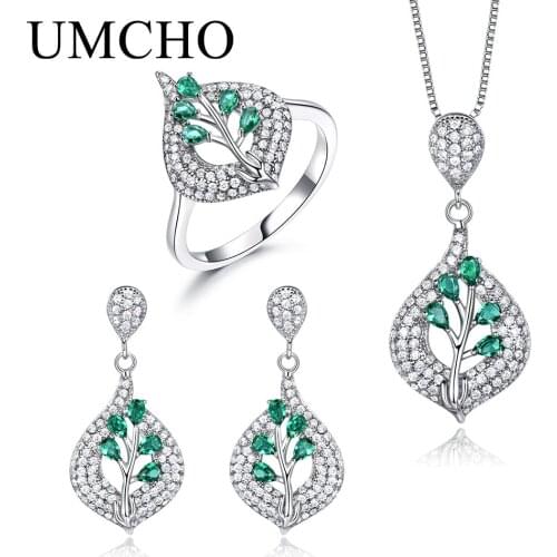 UMCHO Water Drop Nano Emerald Jewelry Set 925 Sterling Silver Rings Earrings Necklaces For Women Anniversary Gift With Chain