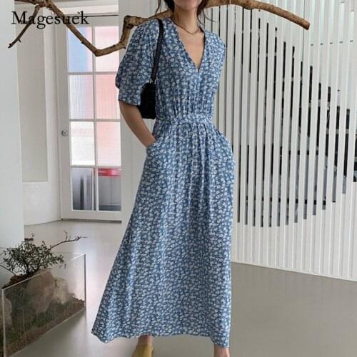 2021 Korean Print V-neck Pockets High Waist Dress Summer Women Midi Dress Casual Vintage Green Blue Women Dress Vestido 15186