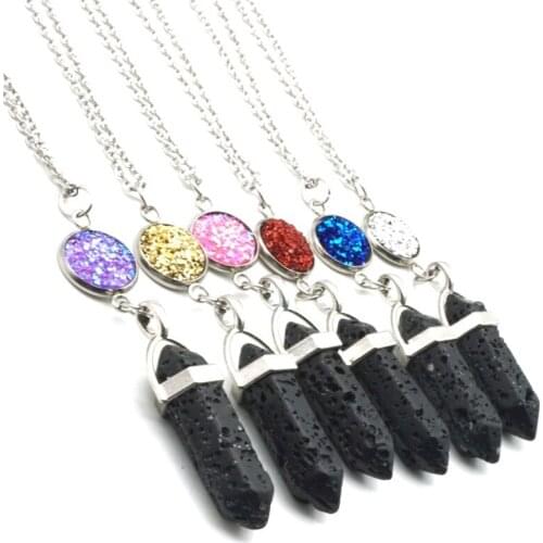 12 Drusy Druzy Hexagonal Prism Black Lava Stone Aromatherapy Essential Oil Perfume Diffuser Necklace Jewelry Stainless Chain