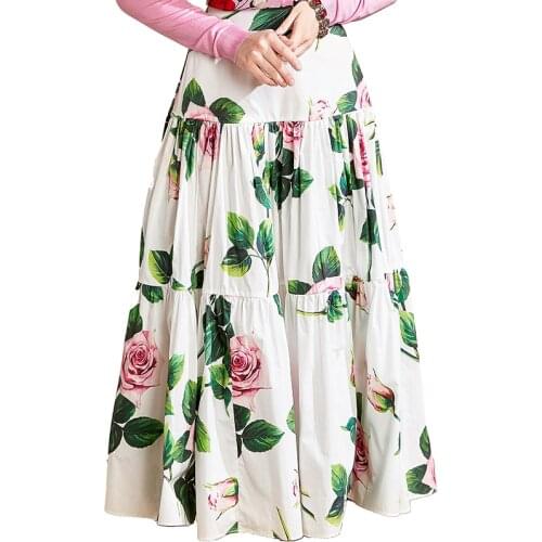 2021 Fashion Runway Summer Skirt Women High Waist Beautiful Whiter Rose Flower Print Ruffles Customize Plus Size Midi Skirts
