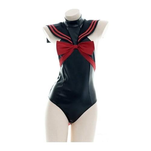 2021New Sailor Collar JK Sukumizu Bodysuit Black Private Room Pajamas With Zipper School Uniform Set Lolita Vintage PU Leather