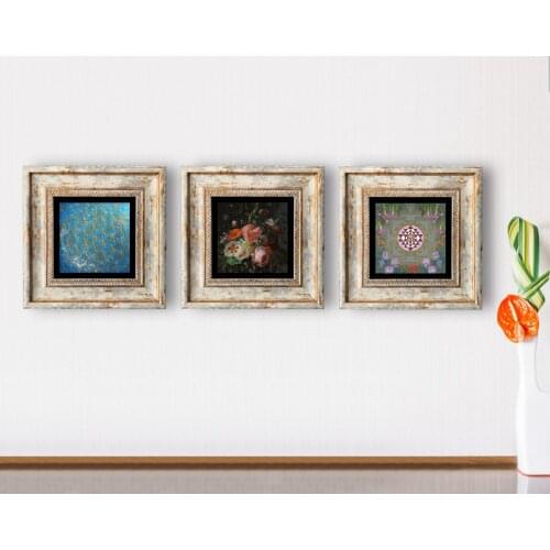 BK Home Life Flower Flowers and Sri Yantra 3'lü Framed Stone Wall Dekoru-1 Modern Convenient Reliable Decoration Gift
