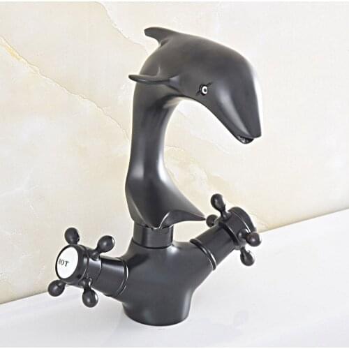Black Oil Rubbed Brass Basin Faucet Dolphin Shape 360 Swivel Bathroom Faucet Dual Cross Handle Vanity Sink Mixer Taps
