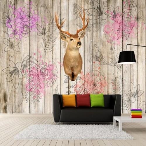 Custom mural Retro Nordic elk deer head wooden flower living room mural bedroom backdrop decoration wallpaper