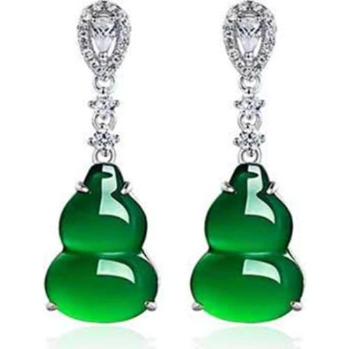 FYSL Silver Plated Gourd Shape Green Agates Stud Earrings for Women Anniversary Gift Jewelry