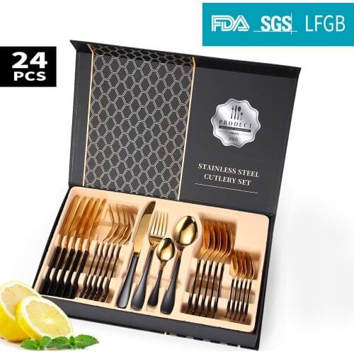 HEYI 24-piece 1010 Stainless Steel Cutlery Food Gift Box Set Products Gold Kitchen Dinnerware Set Plates and Bowls YSH