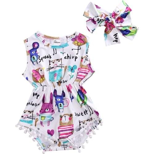 Hi Hi Baby Store Soft Newborn Baby Girl Cartoon Painting Cotton sleeveless Romper +Headband 0-3Y