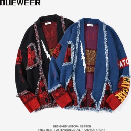 Dueweer Hip Hop Colorblock Tassel Cardigan Sweaters Harajuku Streetwear Patch Cardigans Outwear Men Plaid Knitted Sweater
