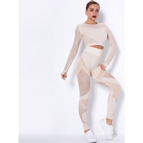 Seamless Hollow Yoga Set Women Fitness Sportswear 2pcs Winter Workout Clothes Gym Legging And Long Sleeve Crop Top Sport Suit