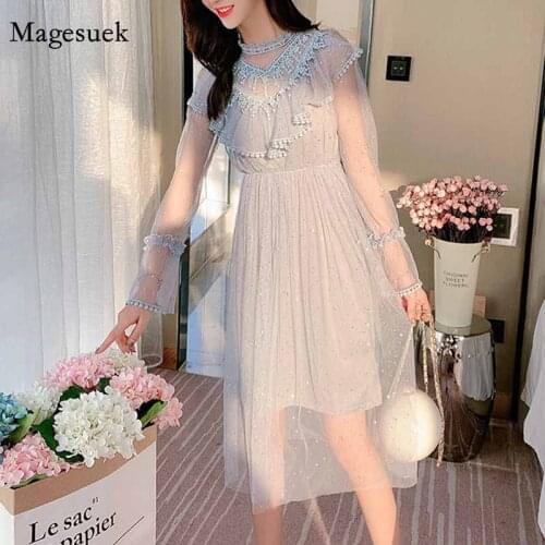 Fashion Flare Sleeve Ruffle Stitching Elastic Waist Slim Dress Spring New Sweet Shiny Sequin Mesh Mid-length Dress Women 12350