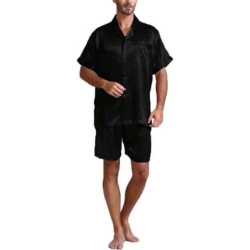 New Men‘s Summer Iced Silk Solid Color Home Wear Set Satin Short Sleeve Shirt Shorts PAJAMAS 2-piece Set Black White Red S-3XL