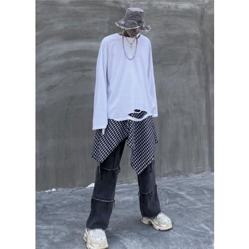 Early autumn new hole T-shirt mens trend round neck loose top ins casual long-sleeved couple bottoming shirt tide SH75