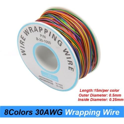 One Roll 8 Colors 30AWG Wire Wrapping Wire, Tinned Copper Solid, PVC insulation