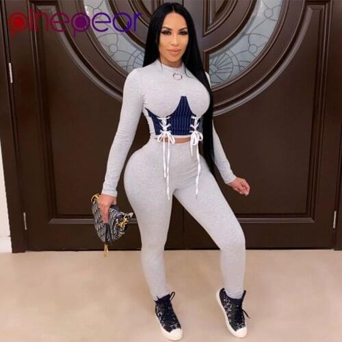 PinePear 2021 Bandage Lace Up Crop Top + Pants 2 Piece Women Sports Set Workout Clothes Tracksuit Female Gym Suits Athletic Sets