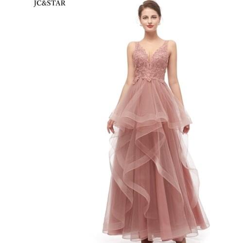 Dusty pink prom dress long new V neck tulle applique beaded Backless ALine elegant vestido baile plus size evening gown