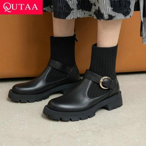 QUTAA 2022 Women Boots Round Toe Autumn Winter Ankle Boots Square Med Heel Slip On Leather Knitting Short Boots Size 34-39